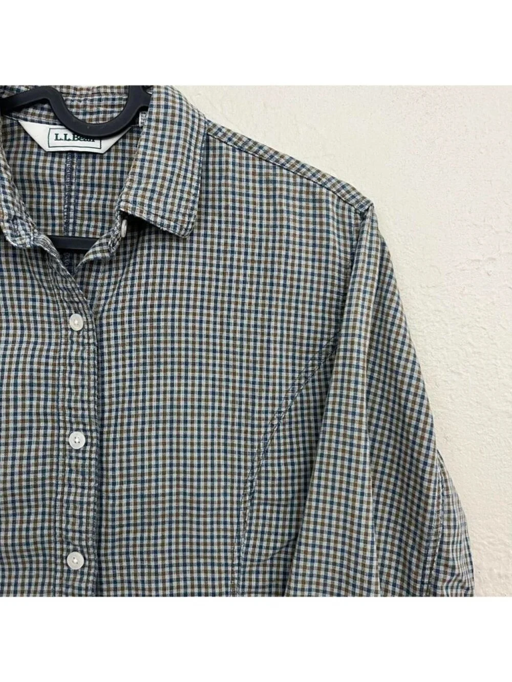 vintage ll bean blue brown cotton plaid essential basic button up shirt - Picture 4 of 8